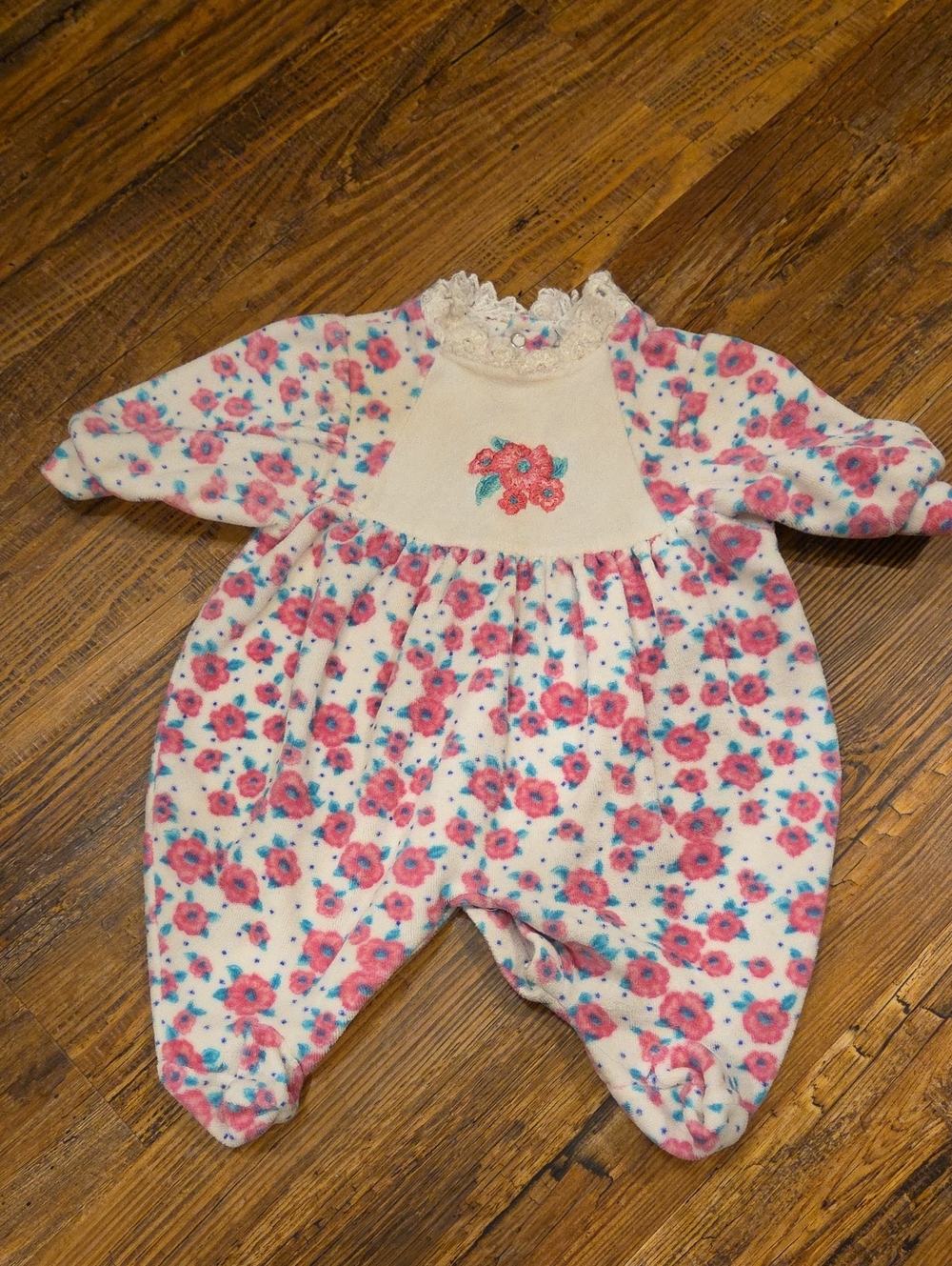 Little Me Cream and Pink Floral Footed One-Piece